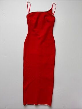 BELLA BARNETT Vibrant Red Evening Dress with Rhinestone Detail